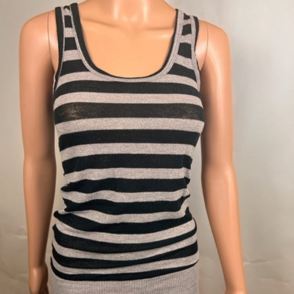 Tops - Black Silver Top Long Sleeveless Striped Fitted